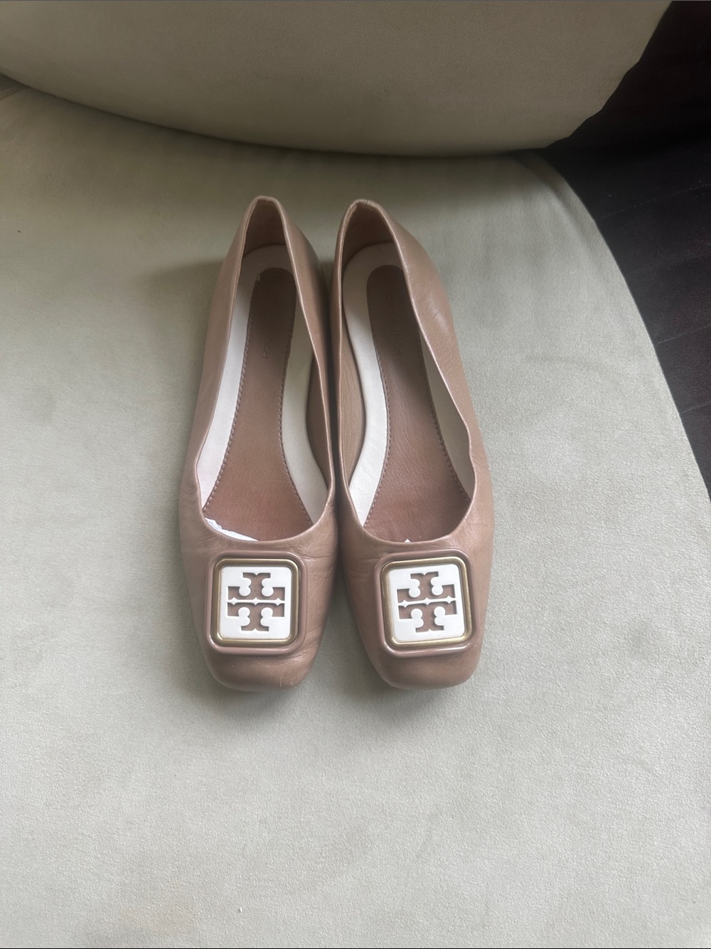 Tory Burch Blush Taupe Square-Toe Logo Ballet Flats